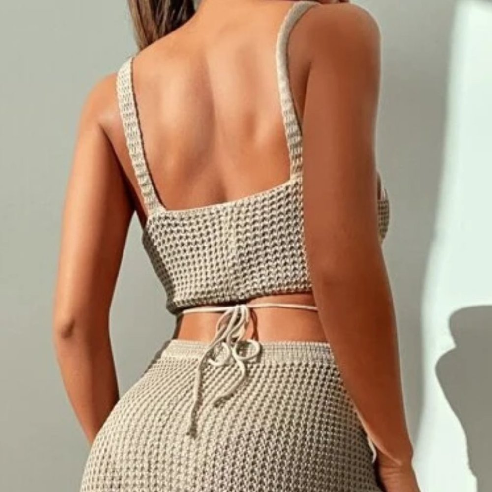 Tan 2 piece knit skirt and crop top knit coverup set - Picture 13 of 15